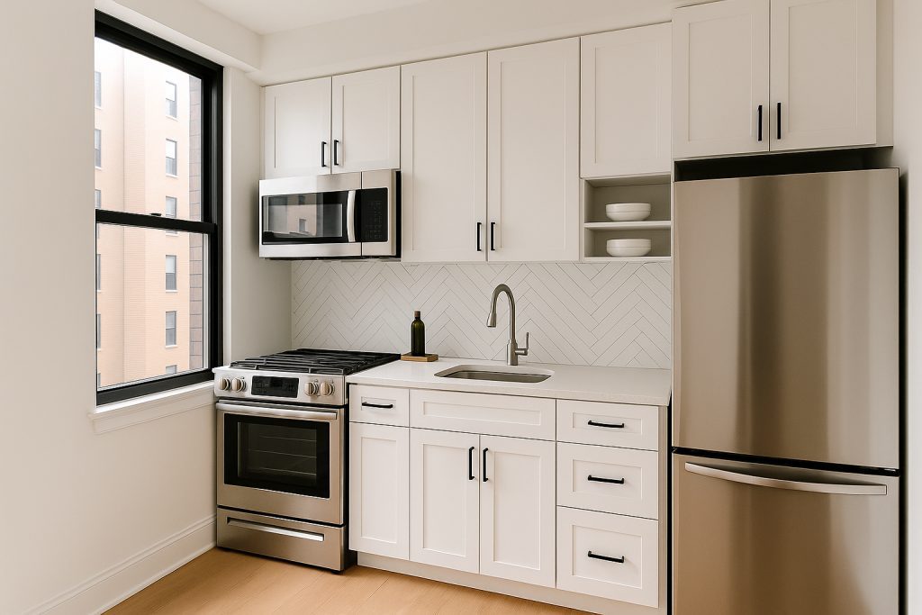 Modern white kitchen renovation in NYC with shaker cabinets, stainless steel appliances, and herringbone tile backsplash.
