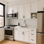 Modern white kitchen renovation in NYC with shaker cabinets, stainless steel appliances, and herringbone tile backsplash.