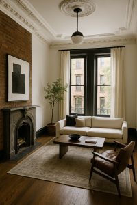 NYC Brownstone Living Room Remodel – Interior Renovation NYC brownstone living room renovation with fireplace and modern furnishings