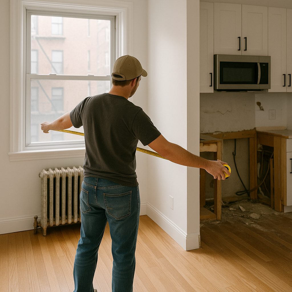 Contractor taking measurements in a partially demolished NYC apartment kitchen, preparing for a renovation project in a compact space.