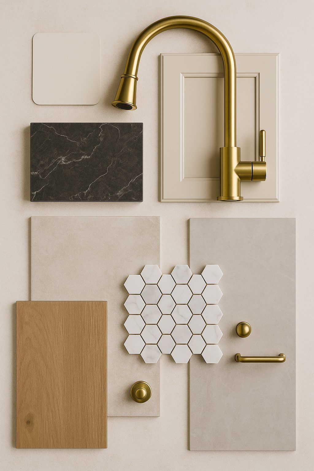Flat lay of apartment renovation finishes including tile, faucet, cabinet sample, wood flooring, and hardware.
