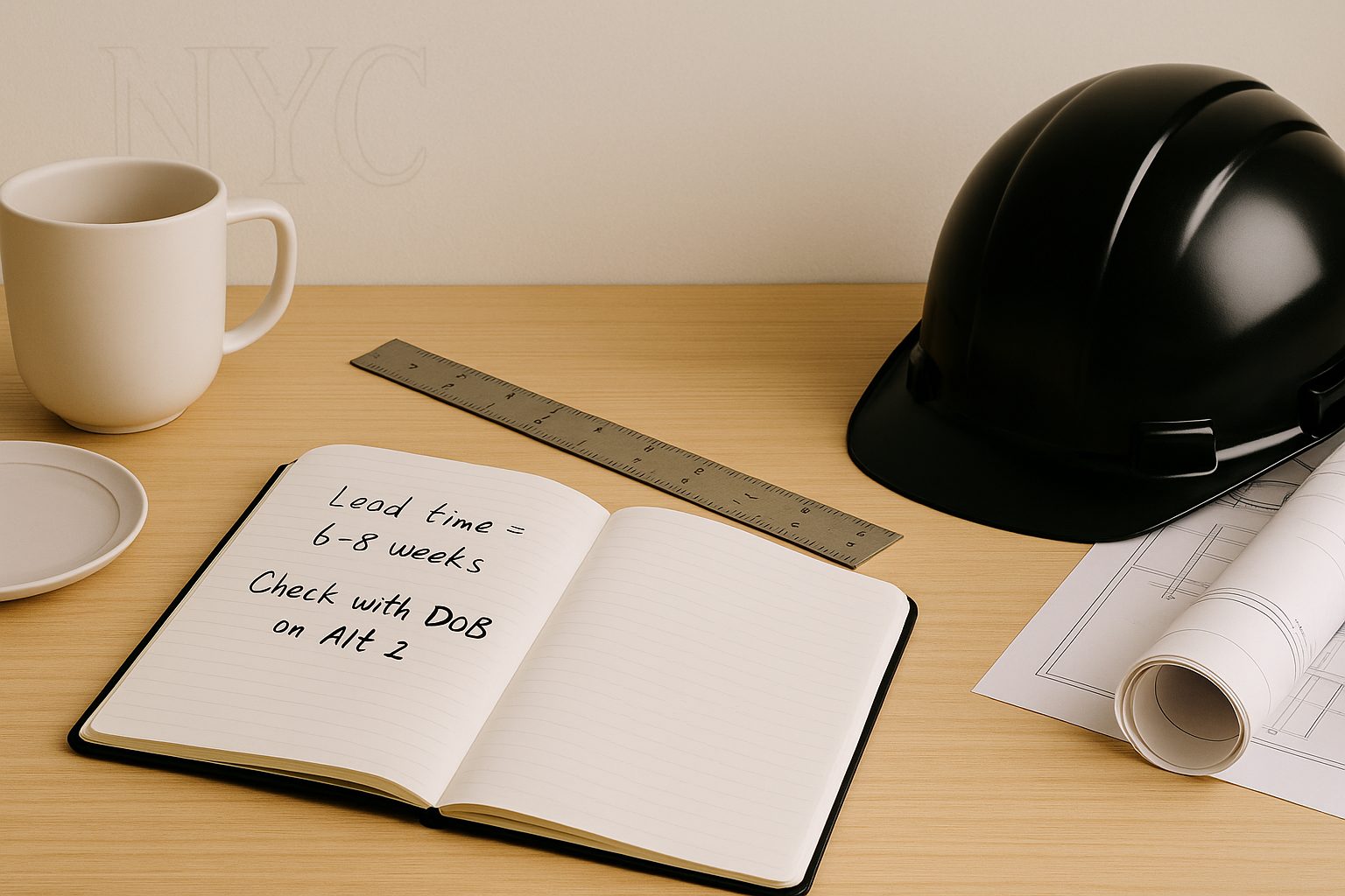 Open notebook on a construction desk showing handwritten notes about lead time and DOB permits, with a black hard hat, ruler, and coffee mug nearby.