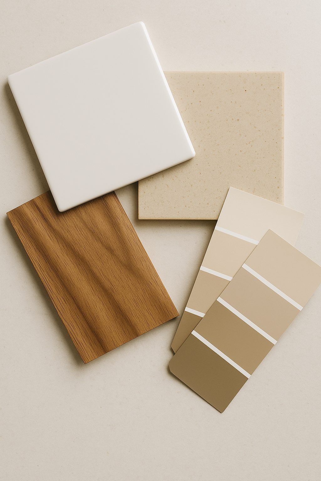 Flat lay of beige paint swatches, white and cream tiles, wood grain laminate, and stone countertop sample — representing a modern neutral color scheme for NYC interiors.
