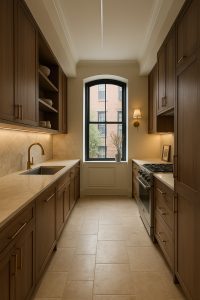 Warm Modern Galley Kitchen Renovation in Brooklyn Brownstone Warm modern galley kitchen with custom wood cabinets, under-cabinet lighting, and natural stone countertops in a renovated Brooklyn brownstone apartment.