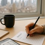 A close-up of a person planning their renovation budget at a desk overlooking the New York City skyline. Features a handwritten budget sheet, a smartphone with floor plans, and a coffee cup — capturing the lifestyle and logistics of NYC home renovations.