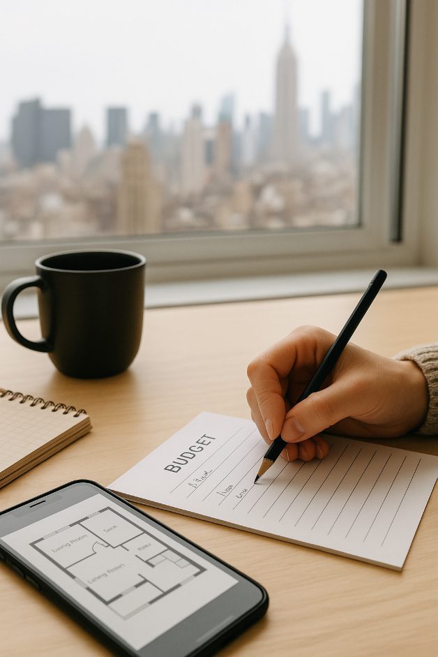 A close-up of a person planning their renovation budget at a desk overlooking the New York City skyline. Features a handwritten budget sheet, a smartphone with floor plans, and a coffee cup — capturing the lifestyle and logistics of NYC home renovations.