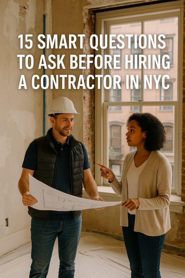Client discussing renovation plans with a contractor inside a New York City brownstone apartment
