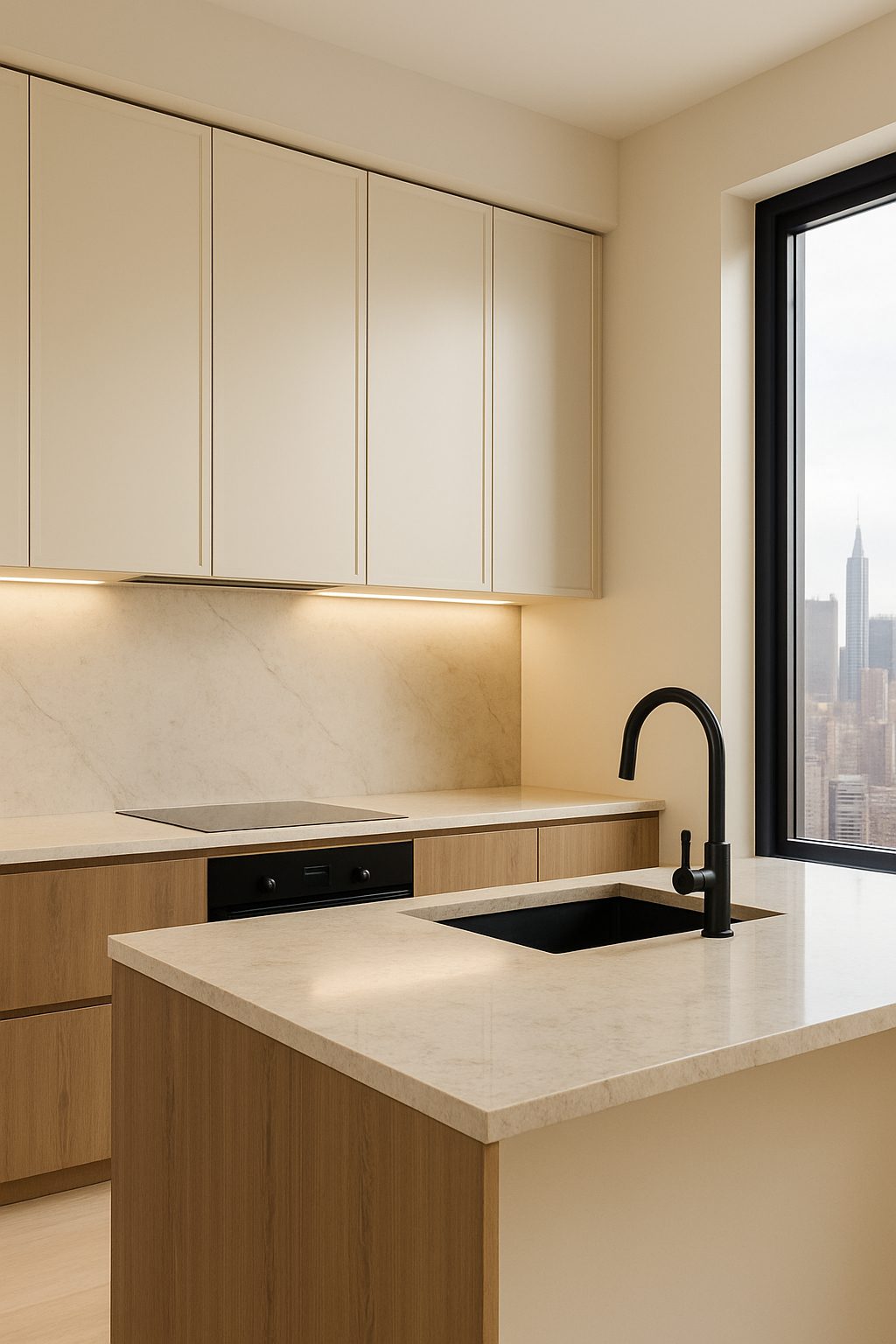 Modern NYC kitchen with cream cabinetry, warm wood accents, matte black faucet, and skyline view