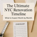 NYC renovation timeline checklist with tape measure and pencil on wood desk