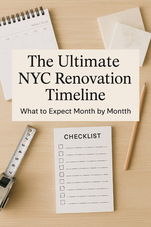 NYC renovation timeline checklist with tape measure and pencil on wood desk