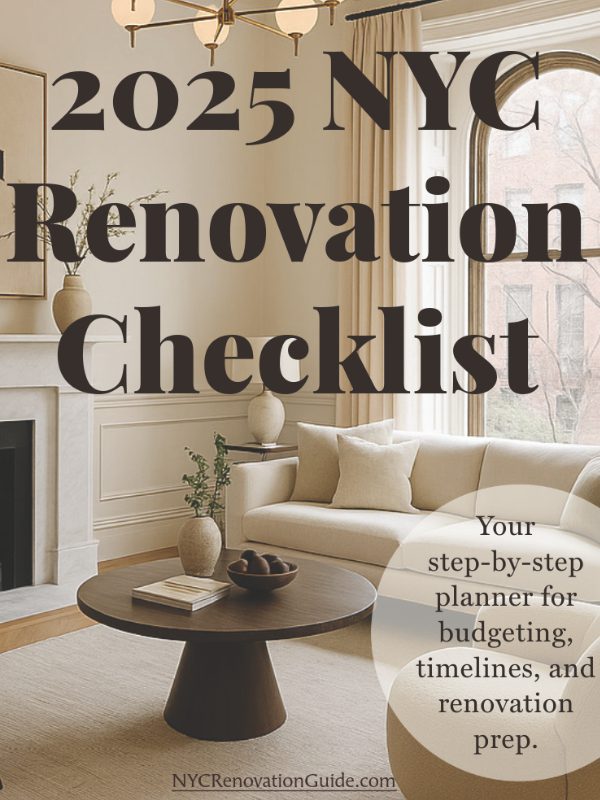 Cover image of the 2025 NYC Renovation Checklist PDF, featuring neutral design samples, a coffee table, and a planning notepad.