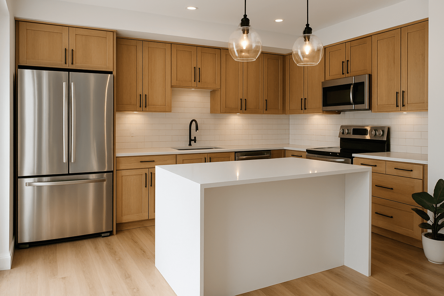 Astoria kitchen remodel with natural wood cabinetry and quartz island