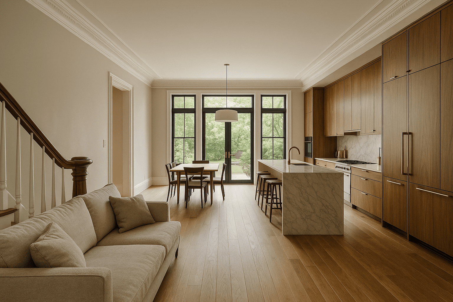 Park Slope brownstone family room &mdash; warm wood flooring, neutral sofa, open sightline toward a marble island.