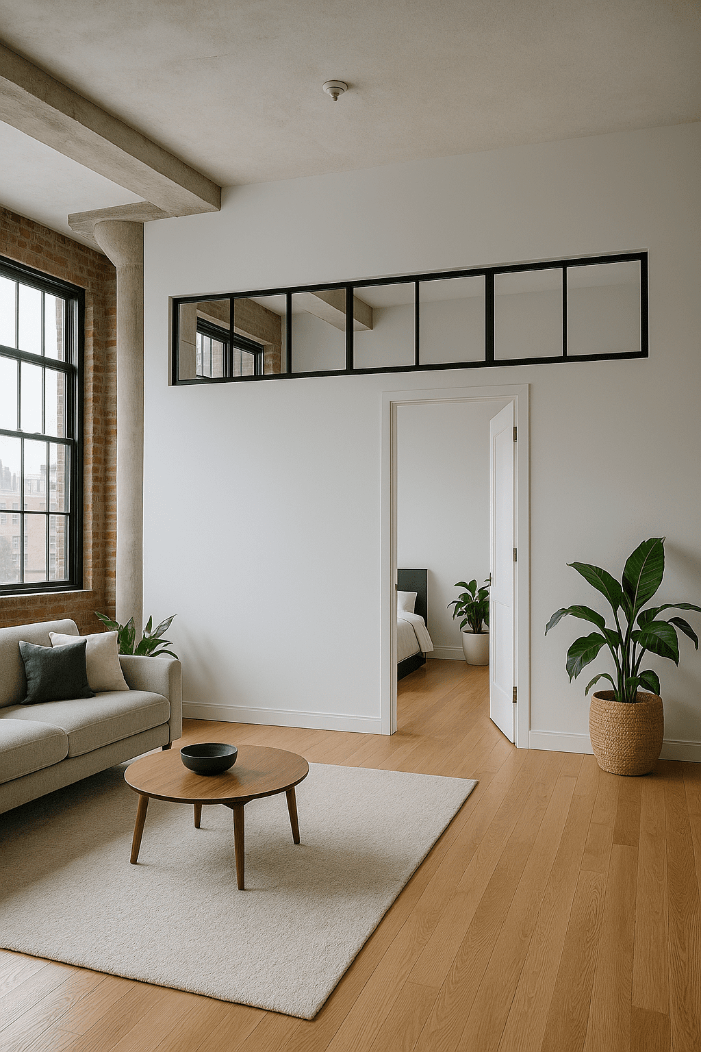 Williamsburg loft conversion &mdash; second bedroom with glass clerestory, white-oak floors, open-plan living with marble island.