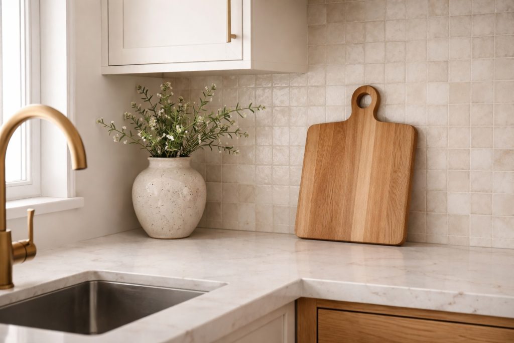 Close-up of a warm neutral kitchen with soft quartz, creamy tile backsplash, brushed brass faucet, ceramic vase, and oak cutting board.
