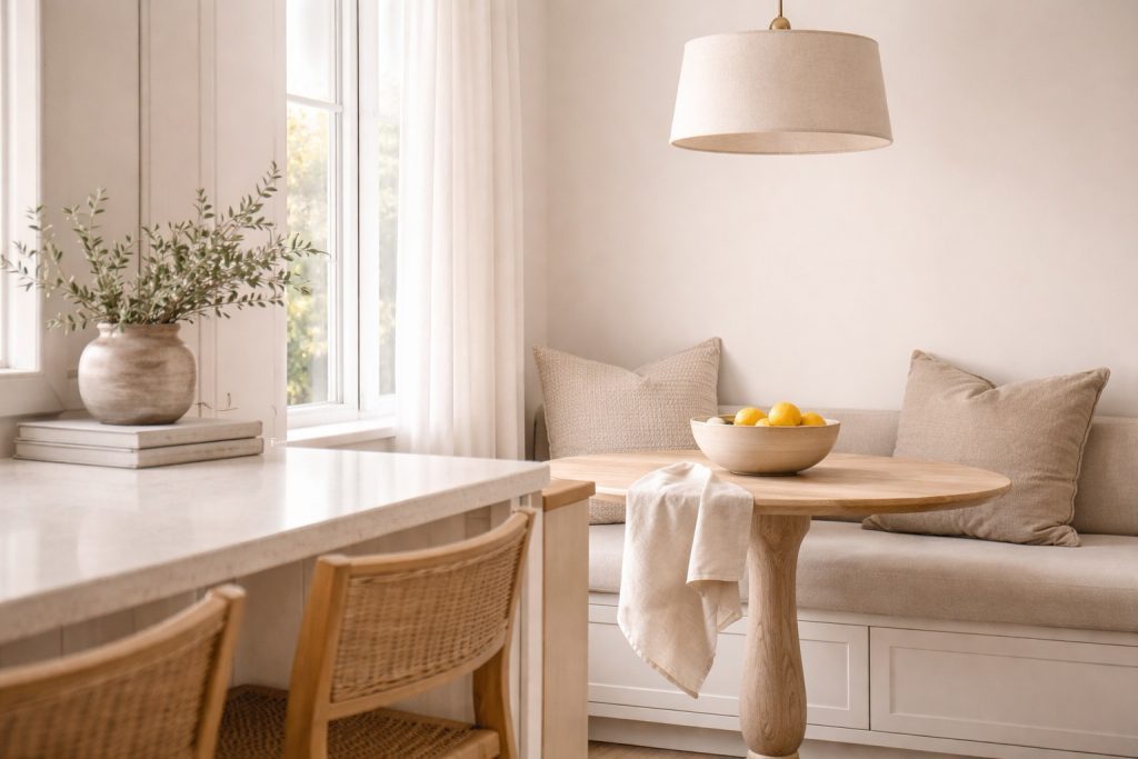 Warm neutral kitchen nook with built-in bench seating, oak pedestal table, cane stools, linen pendant, and soft neutral textiles.