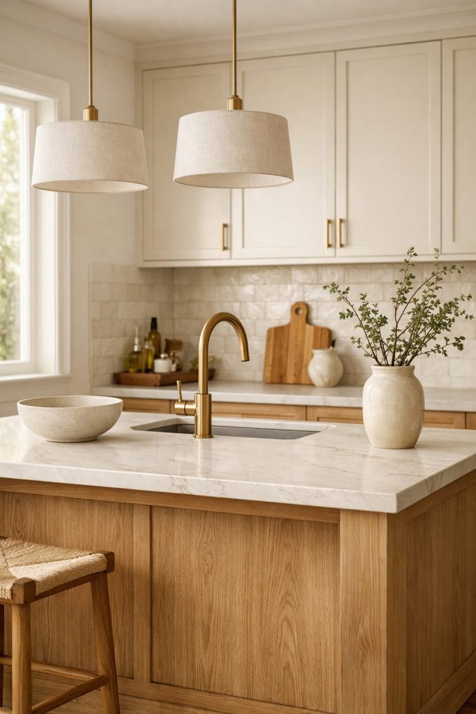 Warm neutral kitchen with a light oak island, creamy cabinets, brass faucet, linen pendants, and soft quartz countertops.