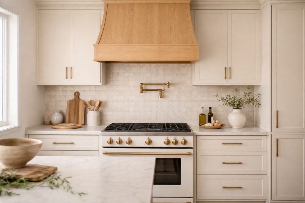 Warm neutral kitchen range wall with a pale oak hood, creamy cabinets, brass pot filler, soft tile backsplash, and quartz counters.