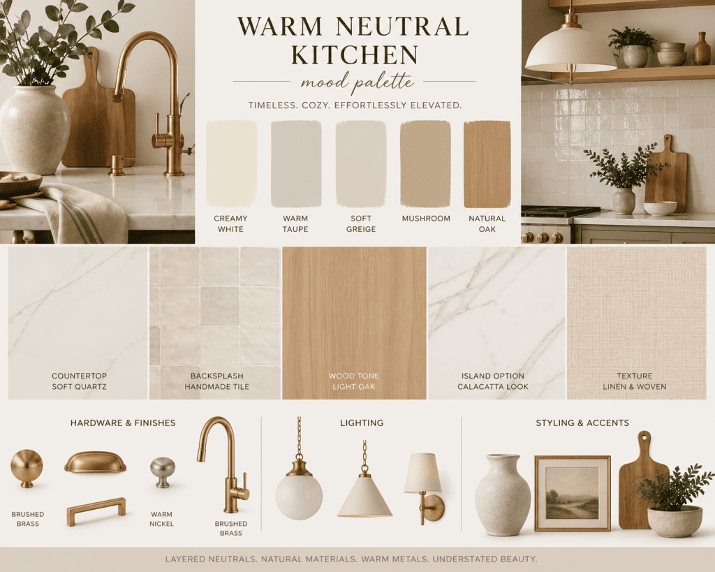 Warm neutral kitchen mood palette with creamy white cabinets, soft quartz, light oak, brushed brass, and handmade tile