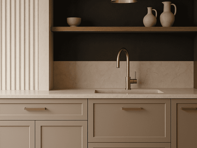 Modern luxury NYC kitchen with fluted cabinets, marble island, matte brass accents, and minimalist decor—ideal for brownstone and apartment renovations.