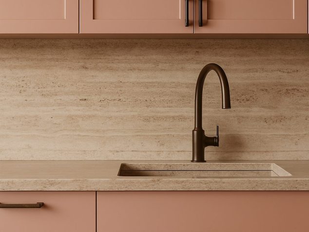 Matte clay-toned shaker cabinets with travertine backsplash and countertop, black faucet and hardware, minimalist NYC kitchen design.