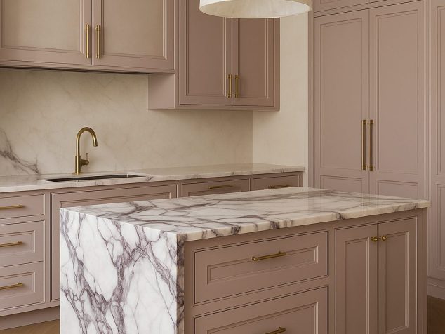 Luxury kitchen featuring a Breccia Capraia marble island, mauve inset cabinets, brass hardware, creamy plaster backsplash, and chevron oak flooring in a NYC brownstone renovation.