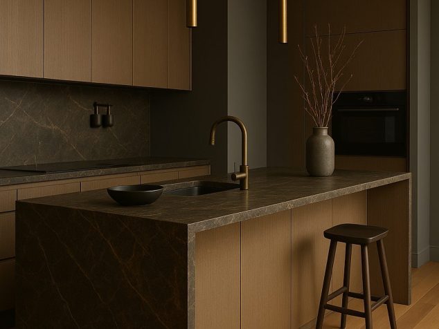 Dark modern kitchen with matte stone countertops, brass pendant lighting, custom flat-panel cabinets, and integrated appliances — inspired by luxury NYC loft design.