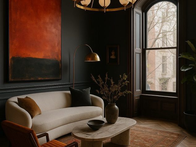 Elegant brownstone living room with dark walls, herringbone floors, arched window, vintage rug, and modern chandelier — a moody parlor renovation in NYC.