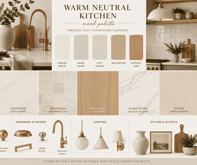 Warm Neutral Kitchen Mood Palette — Creamy White, Oak & Brushed Brass Finishes Warm neutral kitchen mood palette with creamy white cabinets, soft quartz, light oak, brushed brass, and handmade tile