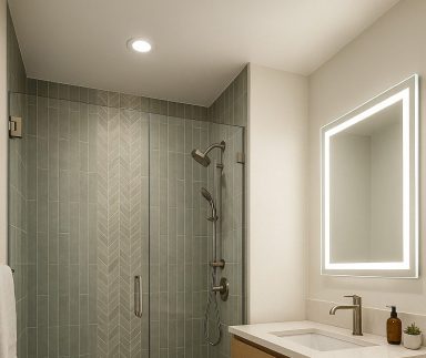 New York Bathroom Renovation — Sage Tile Shower & Floating Oak Vanity Walk-in shower with sage vertical tile and chevron accent, frameless glass; floating oak vanity, LED mirror.